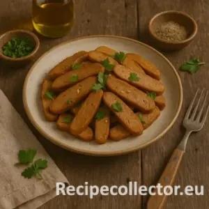 Golden-brown seitan slices served on a ceramic plate, garnished with fresh parsley, and placed on a rustic wooden table. Surrounded by a vintage fork, a napkin, and small bowls of herbs, oil, and spices.