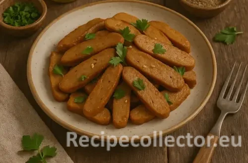 Golden-brown seitan slices served on a ceramic plate, garnished with fresh parsley, and placed on a rustic wooden table. Surrounded by a vintage fork, a napkin, and small bowls of herbs, oil, and spices.
