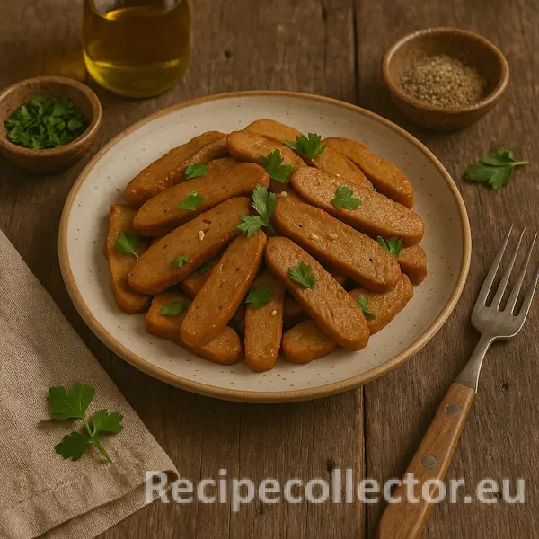 Golden-brown seitan slices served on a ceramic plate, garnished with fresh parsley, and placed on a rustic wooden table. Surrounded by a vintage fork, a napkin, and small bowls of herbs, oil, and spices.