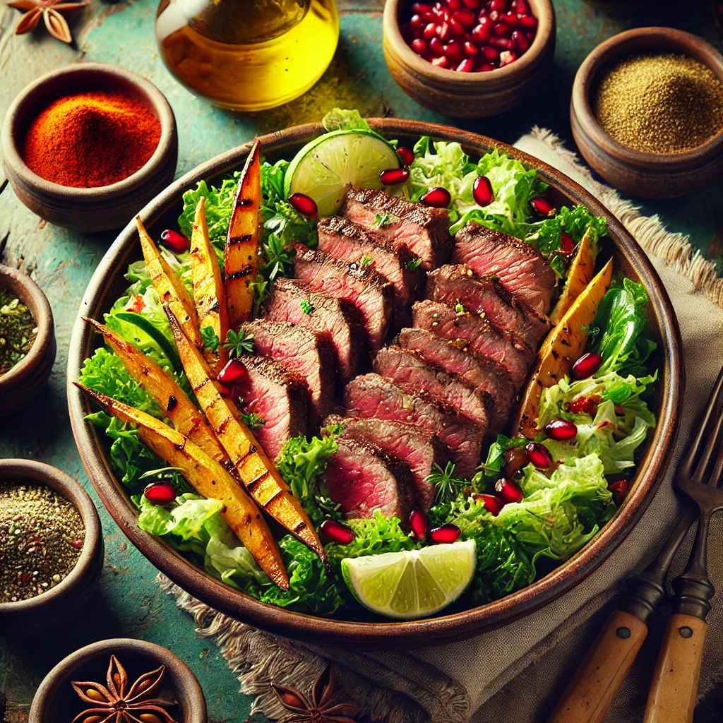 A vibrant Moroccan-style steak salad with perfectly cooked flank steak slices atop shredded lettuce, roasted parsnips, and pomegranate seeds. The salad is drizzled with a lime-honey dressing and presented in a rustic bowl. The cozy table setting features small bowls of spices, a bottle of olive oil, and soft natural lighting that highlights the fresh and inviting colors and textures of the dish