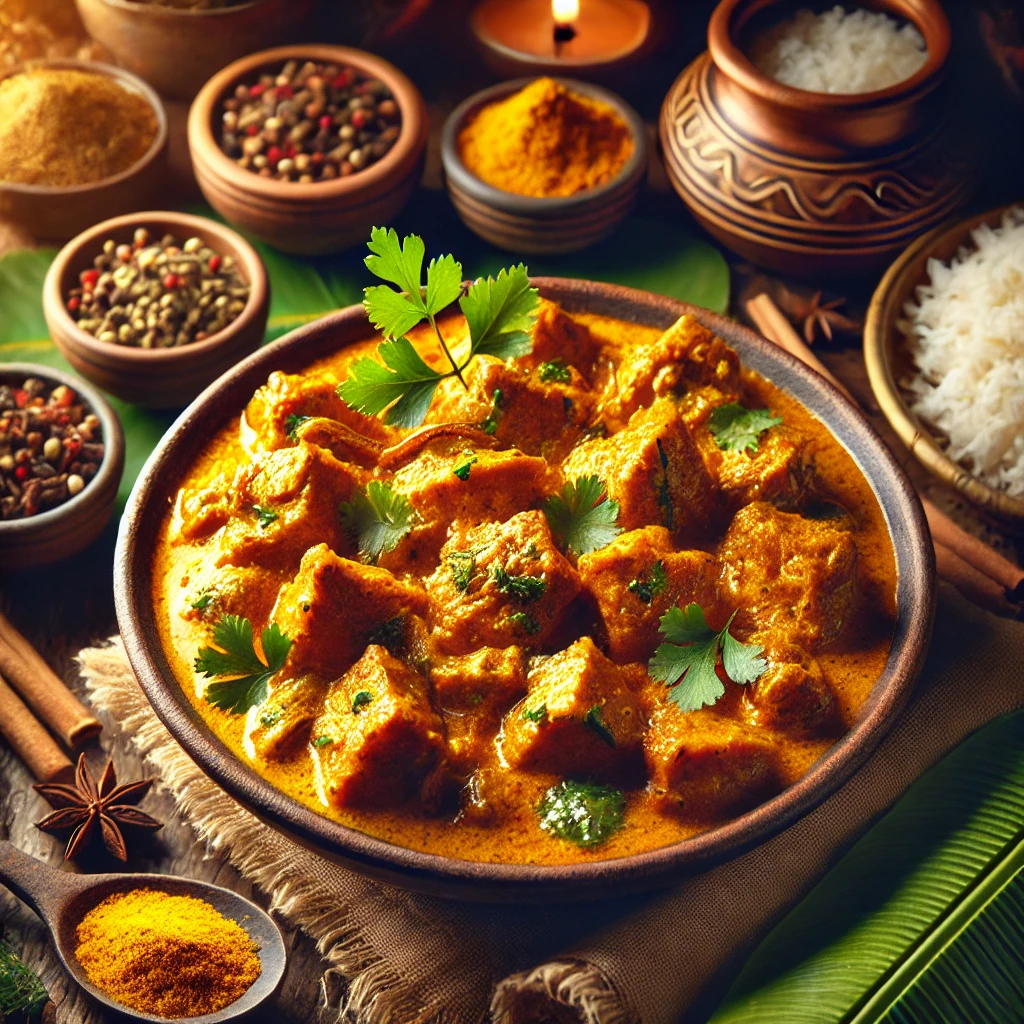 A bowl of Sri Lankan pork curry with tender pork pieces in a rich, creamy sauce, infused with vibrant spices like turmeric, cumin, and cinnamon. Garnished with fresh cilantro, the curry is served alongside steamed rice and naan, set in a tropical-themed setting with banana leaves and small bowls of spices. Warm natural lighting highlights the earthy tones and inviting textures of the dish.