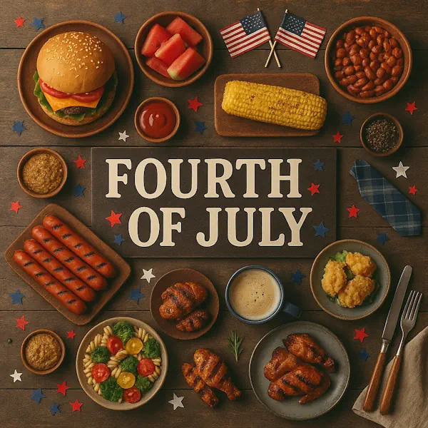 Top-down view of a rustic wooden table featuring a classic Fourth of July spread arranged around a central sign labeled FOURTH OF JULY. Includes cheeseburgers, grilled hot dogs, corn on the cob, baked beans, pasta salad, fried chicken, watermelon slices, mustard, ketchup, and American flags, all presented with red, white, and blue star confetti and soft natural lighting.