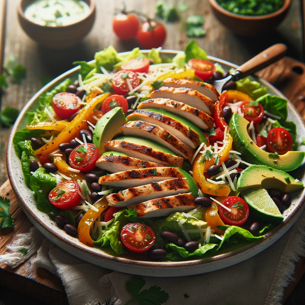 A plate of fajita chicken salad with seasoned grilled chicken slices, sautéed bell peppers and onions over fresh romaine lettuce on a rustic wooden table. Cherry tomatoes, avocado slices, black beans, and shredded cheese add color and texture, drizzled with creamy cilantro-lime dressing and garnished with fresh cilantro and lime wedges. A serving fork lifts a piece of chicken, enhancing the inviting presentation.