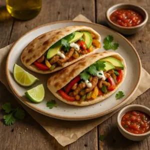 A 600×600 photoreal pesto-style image—two warm pita pockets filled with seitan fajita strips, sautéed bell peppers and onions, avocado slices, cilantro, and a light lime-cashew crema; served on a matte off-white plate over parchment on the same rustic plank wooden table as the reference, with lime wedges and a ramekin of salsa; shallow depth-of-field, softly bright natural side/back lighting; no text on the image.