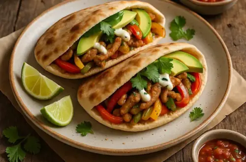 A 600×600 photoreal pesto-style image—two warm pita pockets filled with seitan fajita strips, sautéed bell peppers and onions, avocado slices, cilantro, and a light lime-cashew crema; served on a matte off-white plate over parchment on the same rustic plank wooden table as the reference, with lime wedges and a ramekin of salsa; shallow depth-of-field, softly bright natural side/back lighting; no text on the image.