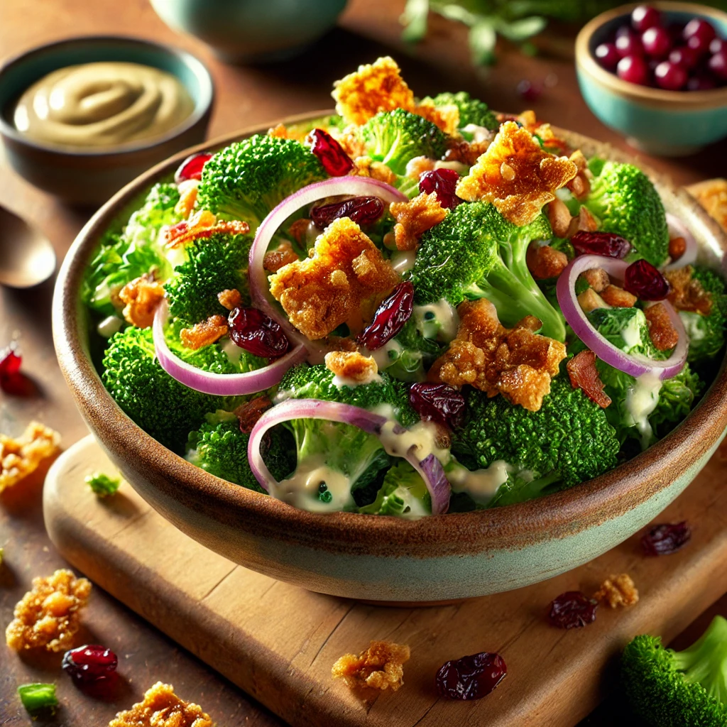 Broccoli salad with fresh florets, cranberries, red onions, and bacon bits in a creamy dressing, topped with golden nut brittle, served in a rustic bowl on a wooden table with scattered cranberries and brittle pieces.