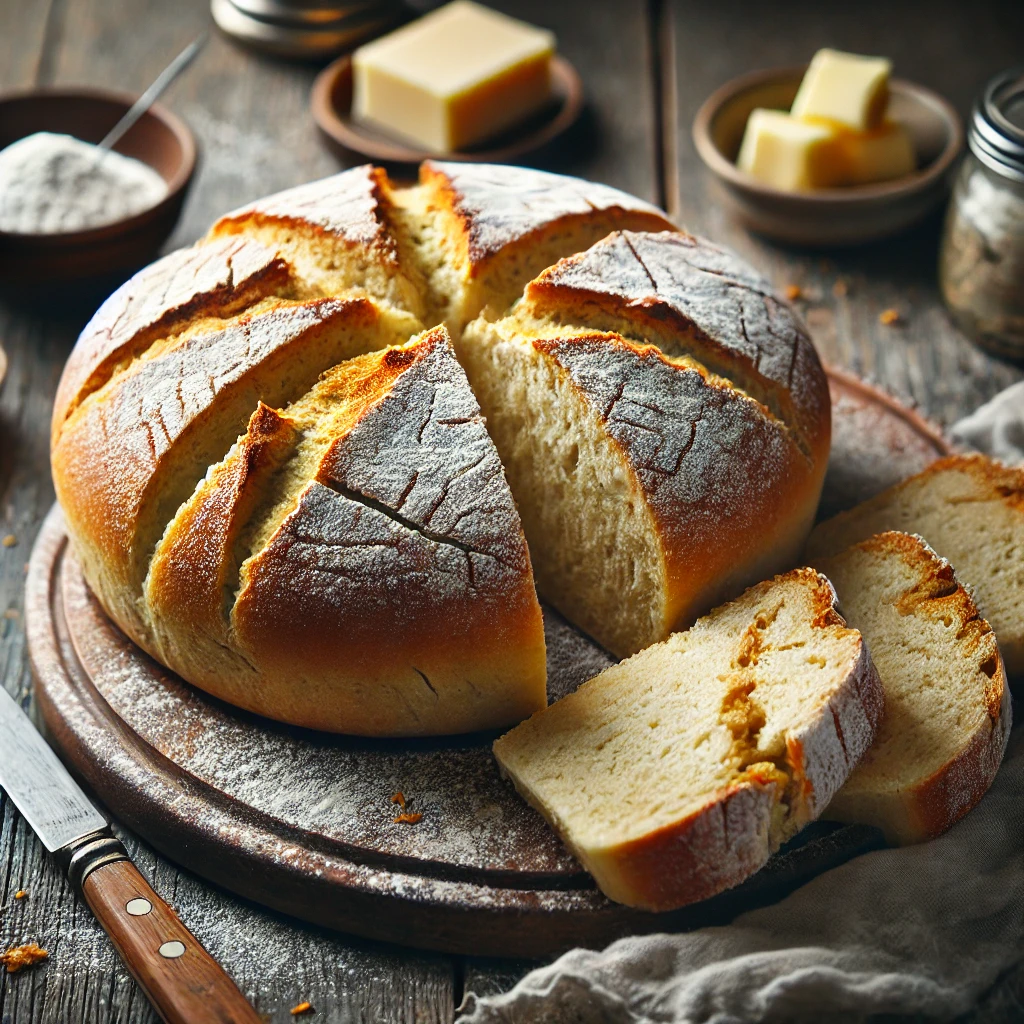 A freshly baked farl on a rustic wooden table, featuring golden brown, flour-dusted crust with a soft, dense interior. The farl is quartered into four triangular pieces, with some cut open to reveal the fluffy texture inside. The bread rests on a wooden cutting board, accompanied by a small dish of butter, a butter knife, and scattered flour for a homemade touch. Soft natural lighting enhances the warm, inviting tones.