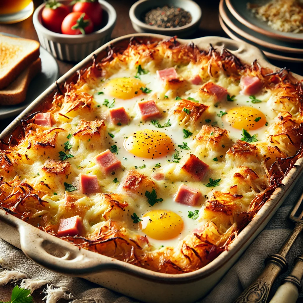 A beautifully plated Farmer's Casserole, featuring layers of golden-brown hash browns, diced ham, melted cheese, and eggs baked to perfection. The dish has a rich, crispy top with gooey melted cheese and a slightly browned crust. Garnished with freshly chopped parsley and a sprinkle of black pepper, it is served in a rustic ceramic baking dish. Accompanied by a side of toast and fresh fruit, the casserole rests on a wooden table with soft, natural lighting enhancing the warm and hearty presentation.