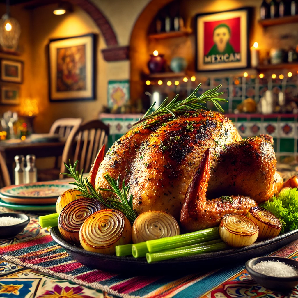Farmhouse roast turkey with rosemary, onions, and celery, served in a vibrant Mexican-inspired kitchen.