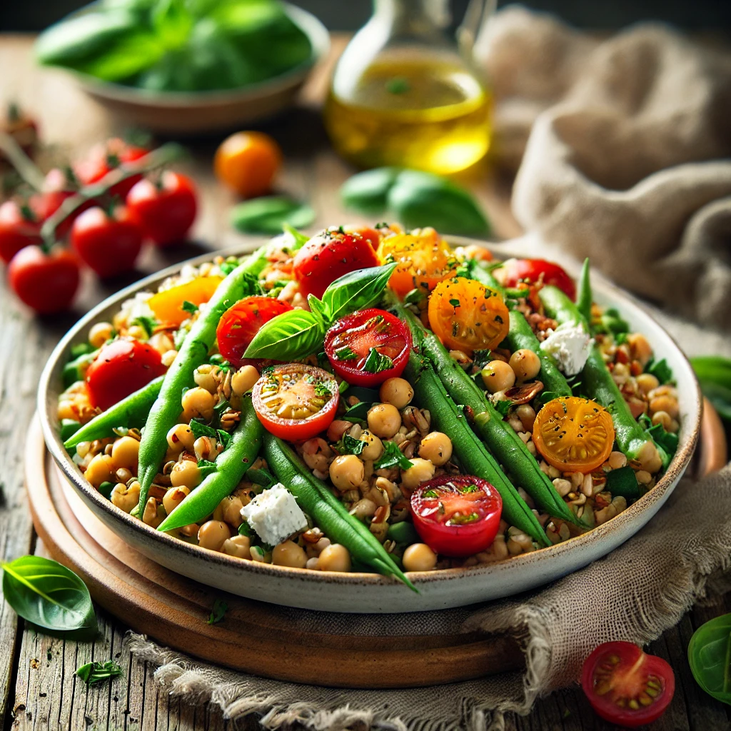 A bowl of farro salad with halved red and yellow grape tomatoes, crisp green beans, and tender chickpeas drizzled with vibrant basil vinaigrette on a rustic wooden table. Garnished with crumbled ricotta salata, with a cozy napkin and wooden plate enhancing the fresh, inviting atmosphere.