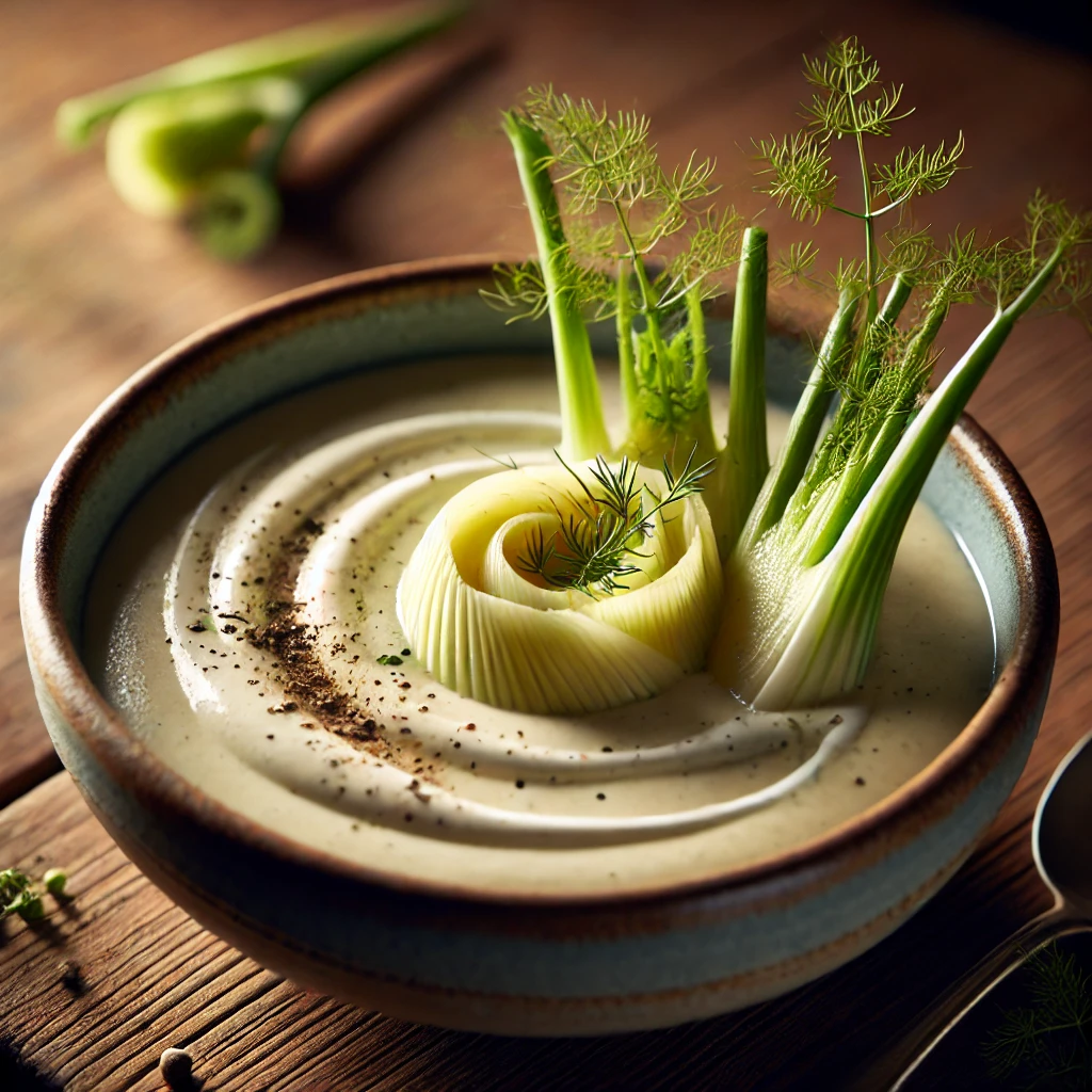 Alt text: A beautifully plated bowl of Fennel Vichyssoise, featuring a smooth, creamy chilled soup made from pureed fennel, leeks, potatoes, and a touch of cream. The bowl rests on a wooden table with soft, natural lighting highlighting the elegant and refreshing presentation.