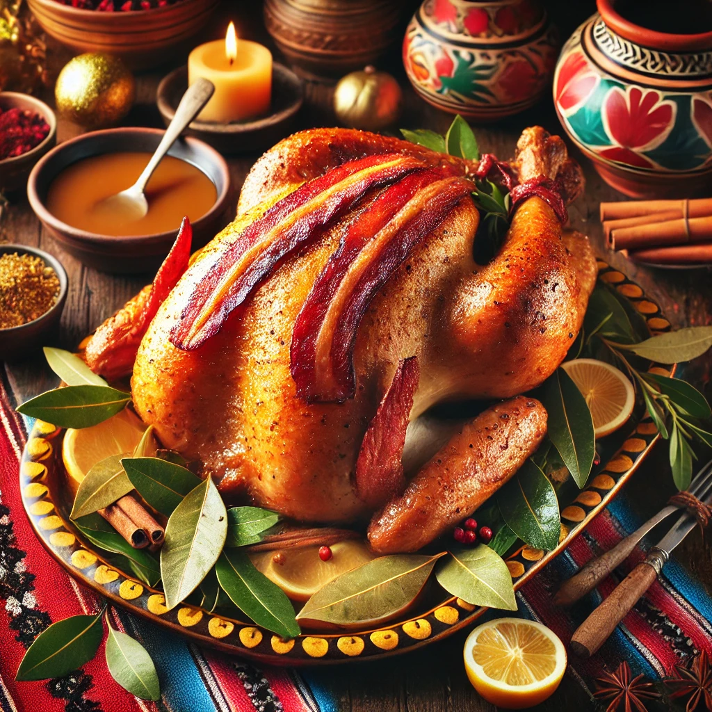 A beautifully roasted turkey with golden skin, topped with crispy bacon strips and fresh bay leaves, presented on a festive ceramic platter. Surrounding the turkey are holiday touches, including a small bowl of rich gravy, fresh herbs, and lemon slices. The scene is set with vibrant Mexican textiles and pottery, with warm lighting highlighting the turkey’s crispy skin and holiday presentation.