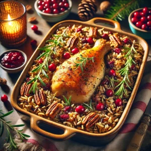 A festive chicken and wild rice bake in a rustic ceramic dish, featuring golden chicken thighs atop wild rice mixed with cranberries, toasted pecans, and fresh herbs. Garnished with rosemary sprigs and dried cranberries, the dish is set on a table decorated with candles, pinecones, and a small bowl of cranberry sauce. Warm natural light enhances the rich colors and textures, creating a cozy, celebratory holiday atmosphere.