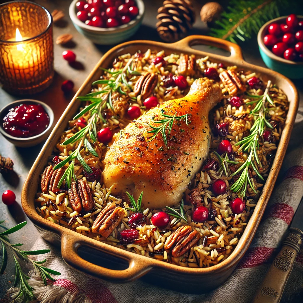 A festive chicken and wild rice bake in a rustic ceramic dish, featuring golden chicken thighs atop wild rice mixed with cranberries, toasted pecans, and fresh herbs. Garnished with rosemary sprigs and dried cranberries, the dish is set on a table decorated with candles, pinecones, and a small bowl of cranberry sauce. Warm natural light enhances the rich colors and textures, creating a cozy, celebratory holiday atmosphere.
