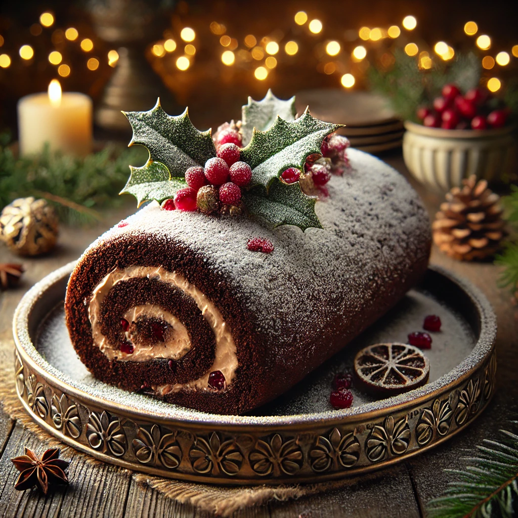 A beautifully decorated Chocolate Yule Log on an elegant ANTA serving plate, dusted with icing sugar for a snowy effect. The rich chocolate sponge is rolled with a creamy filling, with hints of dried cherries and cranberries visible at the edges. Garnished with pomegranate seeds and fresh holly leaves, the cake sits on a rustic wooden table, surrounded by warm festive lighting, pinecones, and fairy lights, creating a cozy Christmas ambiance.
