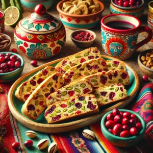 Golden-brown cranberry pistachio biscotti with visible cranberries and pistachios, arranged on a festive ceramic platter in a cozy, Mexican-style setting. The scene includes colorful textiles, traditional pottery, and a decorative mug of coffee, with bowls of cranberries and pistachios nearby. Warm natural lighting highlights the biscotti’s textures and colors, creating an inviting and lively holiday atmosphere.