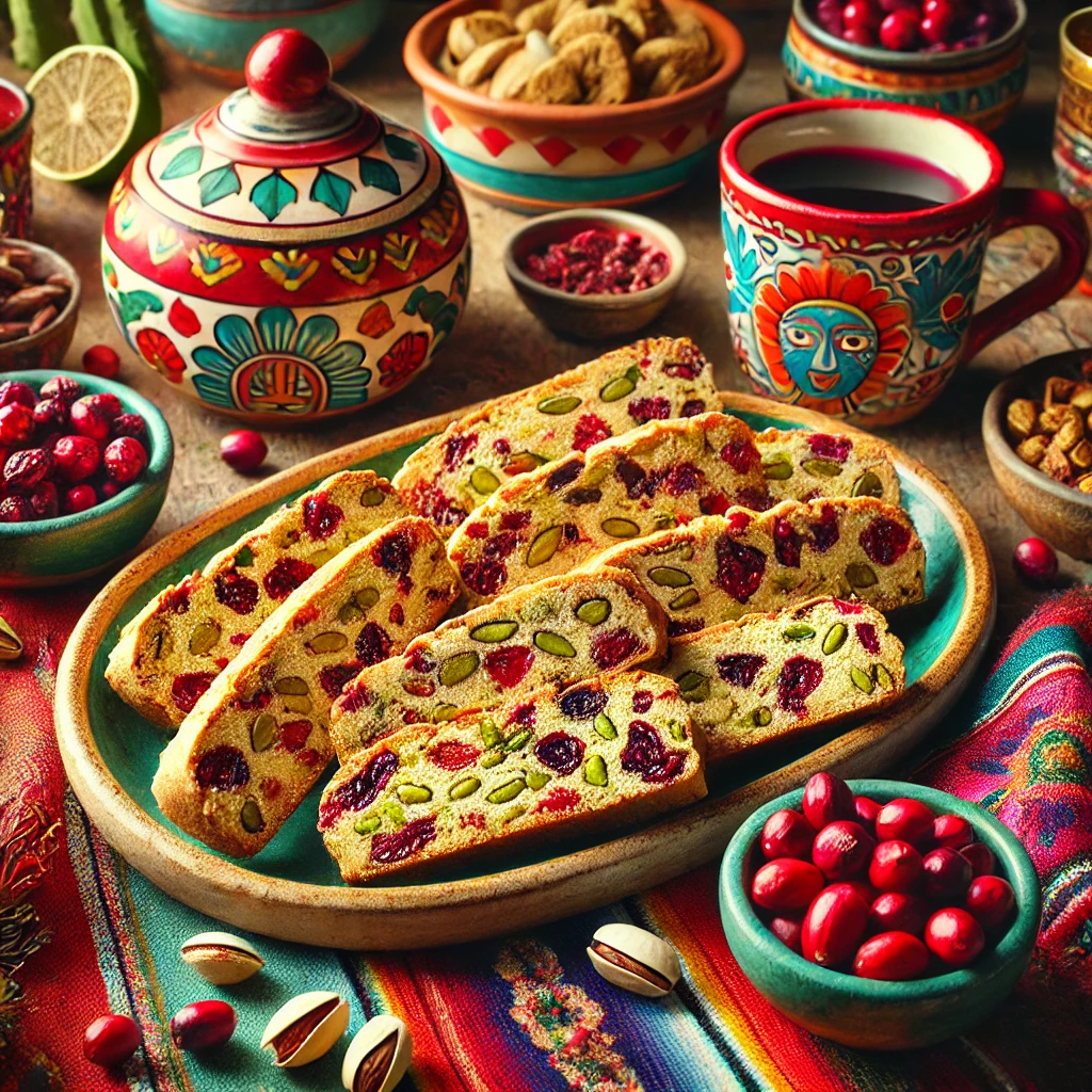 Golden-brown cranberry pistachio biscotti with visible cranberries and pistachios, arranged on a festive ceramic platter in a cozy, Mexican-style setting. The scene includes colorful textiles, traditional pottery, and a decorative mug of coffee, with bowls of cranberries and pistachios nearby. Warm natural lighting highlights the biscotti’s textures and colors, creating an inviting and lively holiday atmosphere.