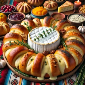 A festive baked brioche ring surrounding a melted, creamy camembert cheese topped with fresh thyme. The golden brioche buns are sprinkled with poppy seeds, and some show fillings of roasted garlic, quince, chestnuts, cranberry sauce, and mushroom pâté. The scene is adorned with Mexican-inspired textiles, pottery, rosemary sprigs, and fresh cranberries, with warm lighting enhancing the oozing cheese and golden brioche, creating a cozy holiday atmosphere.