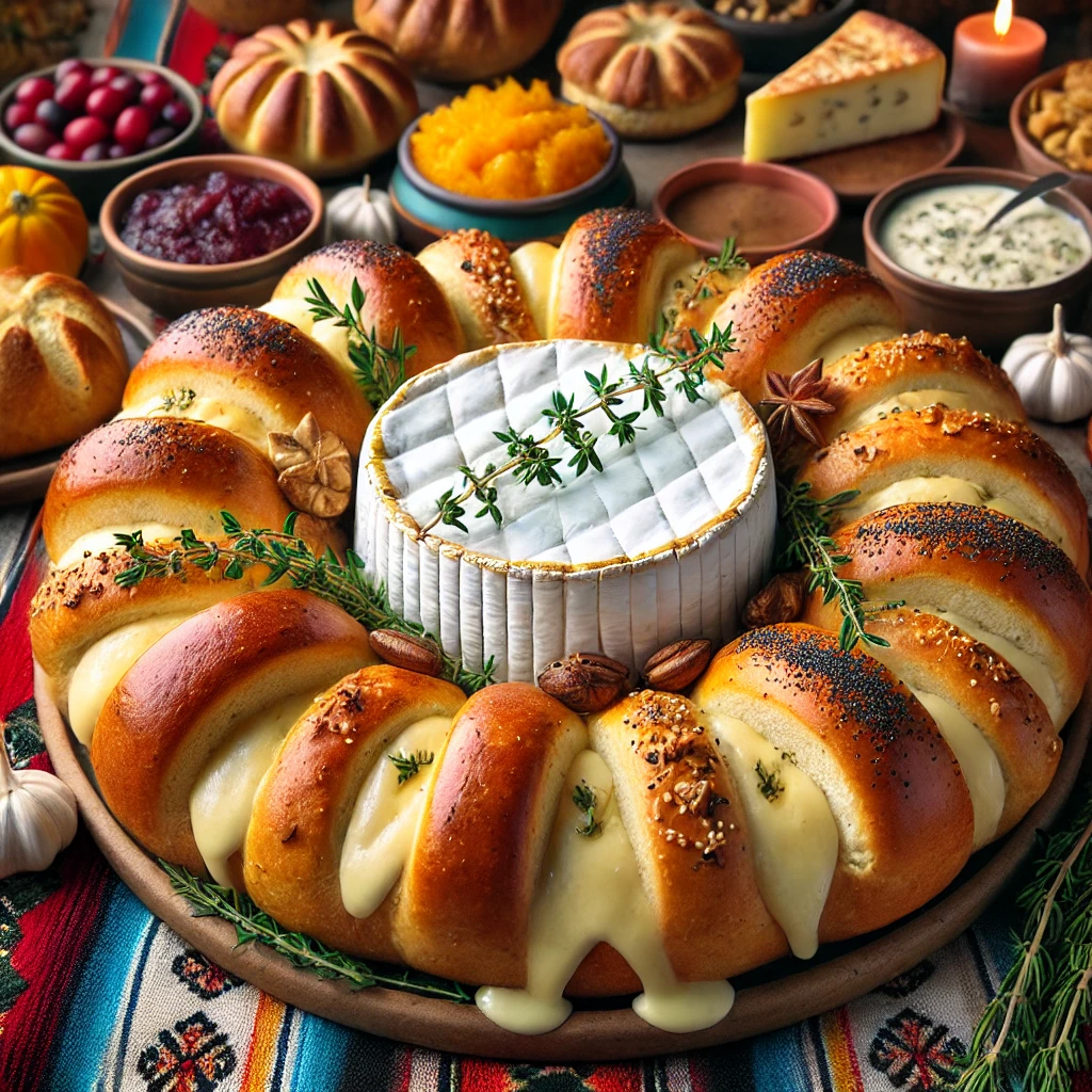 A festive baked brioche ring surrounding a melted, creamy camembert cheese topped with fresh thyme. The golden brioche buns are sprinkled with poppy seeds, and some show fillings of roasted garlic, quince, chestnuts, cranberry sauce, and mushroom pâté. The scene is adorned with Mexican-inspired textiles, pottery, rosemary sprigs, and fresh cranberries, with warm lighting enhancing the oozing cheese and golden brioche, creating a cozy holiday atmosphere.