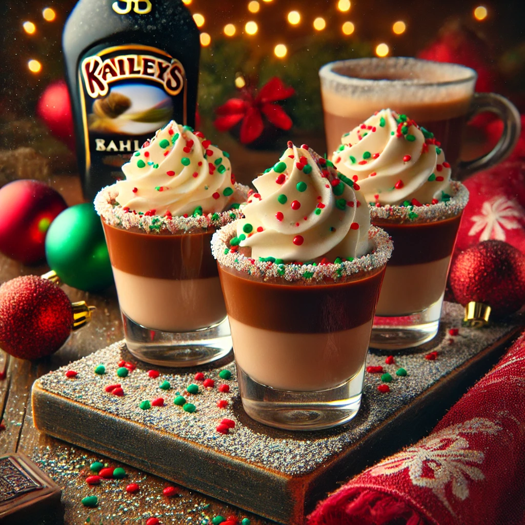 Christmas chocolate Kahlua and Bailey's pudding shots served in small clear cups, topped with whipped topping and colorful Christmas sprinkles. The setting includes holiday decor with ornaments, red and green napkins, and a light dusting of powdered sugar. Warm lighting highlights the rich, chocolatey texture of the pudding and the festive sprinkles, creating an inviting holiday treat scene.