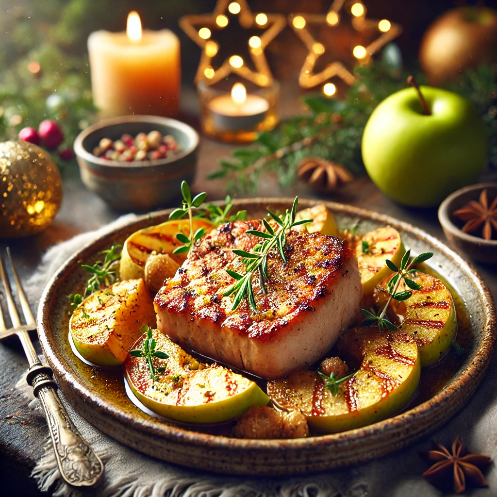 Golden-brown pork fillets paired with tender slices of lightly caramelized Granny Smith apples, drizzled with butter and lemon juice. The dish is plated on a rustic ceramic plate, garnished with fresh herbs, and surrounded by warm holiday decor like candles and greenery. Soft natural lighting highlights the textures and golden tones, creating an inviting and celebratory presentation.
