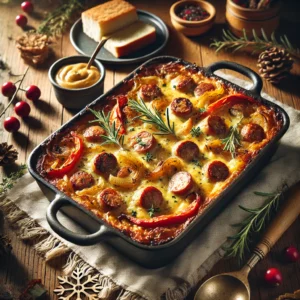 A rustic presentation of festive sausage casserole, elegantly arranged on a wooden table. The casserole is baked to perfection in a cast-iron dish, featuring golden-brown sausage, roasted bell peppers, caramelized onions, and melted cheese bubbling on top. Fresh herbs like rosemary and thyme garnish the dish for a festive touch. A serving spoon rests inside, showcasing the hearty layers. Scattered around are rustic bread slices, seasonal decorations like pinecones and cranberries, and a small bowl of extra sauce. Soft natural lighting enhances the warm and comforting feel, with gentle shadows and a hint of holiday charm in the background.