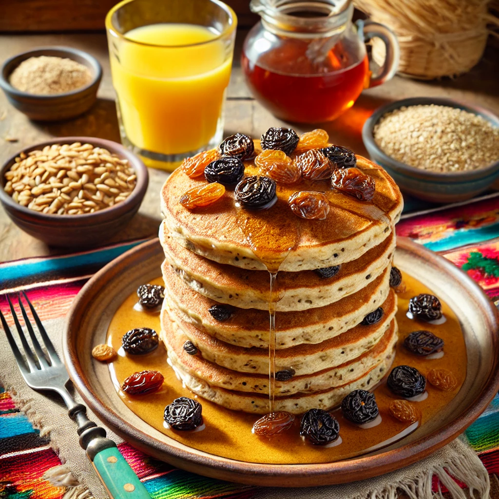 A wholesome and vibrant breakfast scene featuring Fiber-Rich Wheat Germ Raisin Pancakes stacked on a rustic plate. The golden brown pancakes are studded with plump raisins, drizzled with maple syrup, and sprinkled with wheat germ. The setup includes a colorful Mexican-style tablecloth, a small bowl of wheat germ, a glass of orange juice, and a fork, illuminated by bright natural light to enhance the nutritious and inviting appeal.