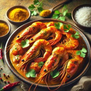 Golden prawns coated in a rich, spicy curry sauce, garnished with fresh cilantro, served on a rustic ceramic plate with a side of steamed rice, presented on a wooden table under soft natural lighting to emphasize the bold and flavorful appeal of the dish.