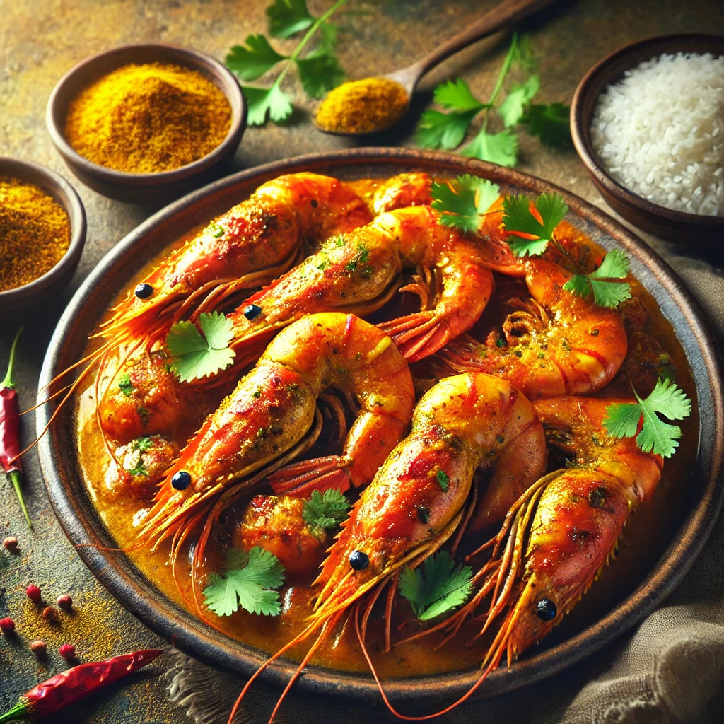 Golden prawns coated in a rich, spicy curry sauce, garnished with fresh cilantro, served on a rustic ceramic plate with a side of steamed rice, presented on a wooden table under soft natural lighting to emphasize the bold and flavorful appeal of the dish.