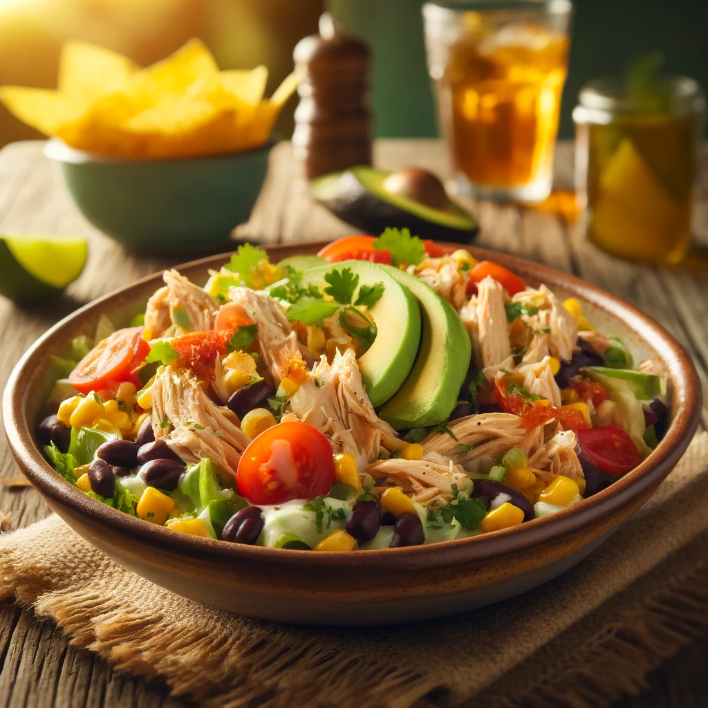 Fiesta Chicken Salad in a rustic ceramic bowl, featuring shredded chicken mixed with black beans, corn, bell peppers, cherry tomatoes, and avocado in a zesty lime and cilantro dressing. Garnished with cilantro and crumbled queso fresco, set on a wooden table with tortilla chips and a glass of iced tea in the softly blurred background.