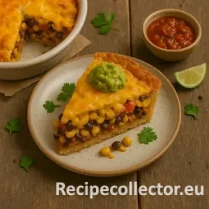 A slice of savory Fiesta Pie filled with black beans, corn, red bell pepper, and melty cheese, topped with guacamole and cilantro, served with a bowl of salsa and a lime wedge on a rustic wooden table.