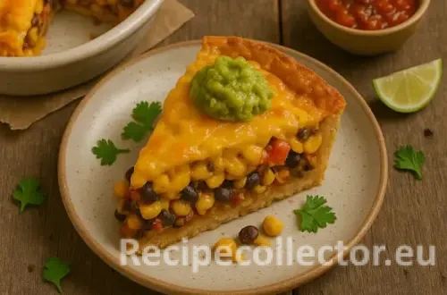 A slice of savory Fiesta Pie filled with black beans, corn, red bell pepper, and melty cheese, topped with guacamole and cilantro, served with a bowl of salsa and a lime wedge on a rustic wooden table.