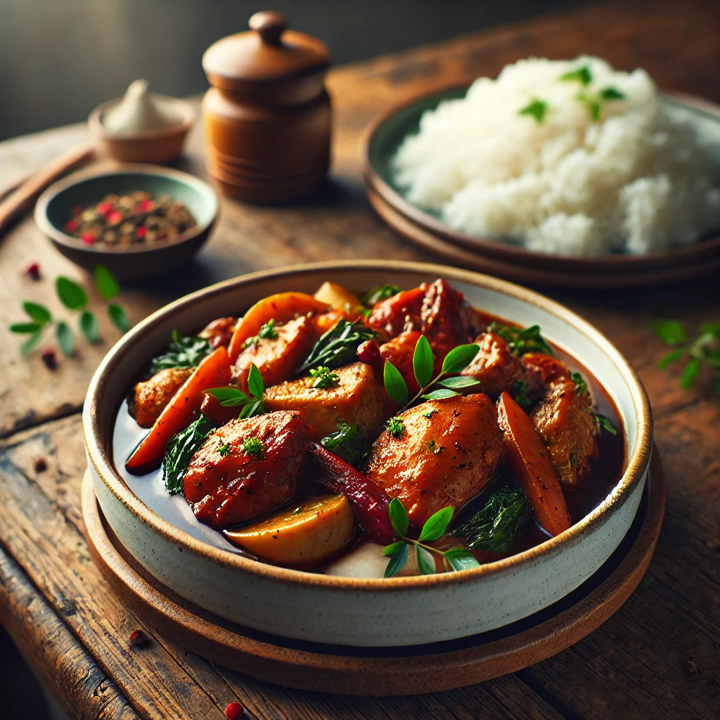 A beautifully plated dish of Filipino Chicken and Pork Adobo served on a rustic wooden table. The dish features tender chicken and pork pieces braised in a rich, dark soy sauce and vinegar glaze, garnished with fresh herbs. Served in a white ceramic bowl with a side of steaming white rice. The warm wooden table and softly blurred background enhance the inviting and authentic Filipino presentation.