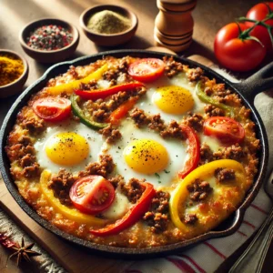 A beautifully plated Filipino Tortang Giniling, featuring a golden egg mixture cooked with seasoned ground beef, colorful bell peppers, and melted Colby cheese. The dish is garnished with fresh tomato slices and served in a rustic cast-iron skillet. It is presented on a warm wooden table with small bowls of spices, highlighted by natural light to showcase its vibrant colors and appetizing textures.