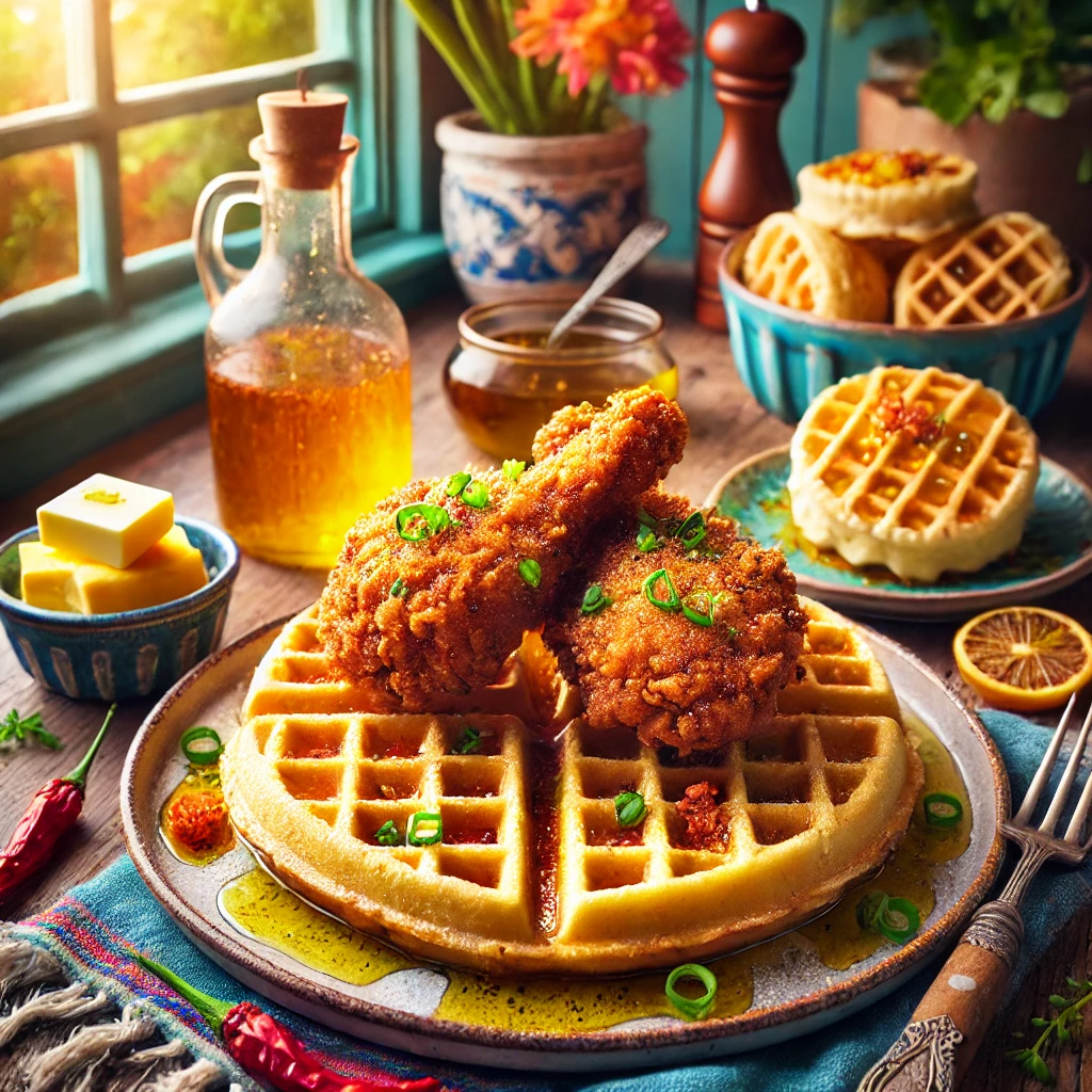 A delicious plate of crispy fried chicken on fluffy waffles, topped with melted butter and maple syrup, served with a warm cheddar-chive biscuit. The setting features a rustic, cozy kitchen with natural lighting, highlighting the golden texture of the chicken, waffles, and biscuit.