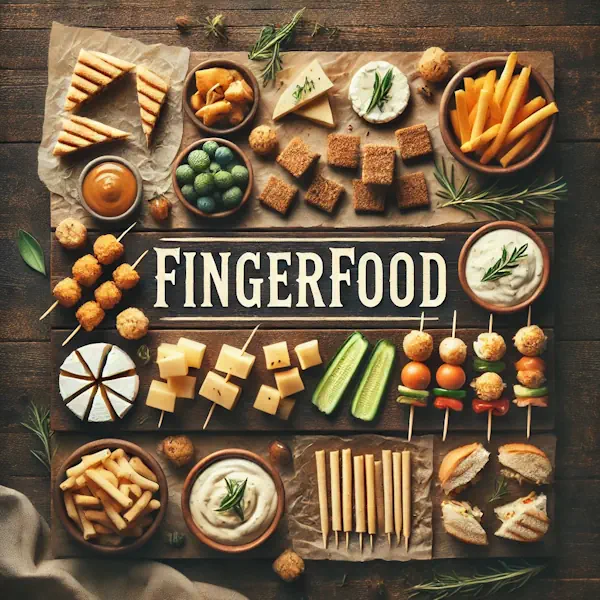 A rustic flat lay of finger food on a medium-dark wooden table with horizontal planks. The selection includes mini sandwiches, cheese cubes, vegetable sticks, chicken skewers, and dips, arranged in a neat, minimal style. At the top, the word 'FINGERFOOD' is written in large cream-colored serif letters, centered and clearly visible.