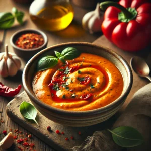A rich and creamy Fire-Roasted Red Pepper Cream Sauce with a vibrant orange-red hue, served in a rustic ceramic bowl. The sauce has a smooth, velvety texture with flecks of roasted red pepper and herbs. It is garnished with a drizzle of olive oil, fresh basil leaves, and a sprinkle of crushed red pepper flakes. The bowl sits on a rustic wooden table, accompanied by fire-roasted red peppers, garlic cloves, and a small spoon. Warm, natural lighting enhances the inviting, homemade feel.