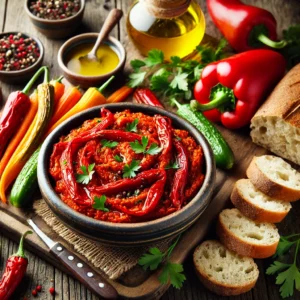A vibrant and inviting presentation of Fire-Roasted Red Pepper Spread served in a rustic ceramic bowl, accompanied by fresh vegetable sticks, artisan bread slices, and a small bowl of olive oil, garnished with fresh parsley and black pepper.