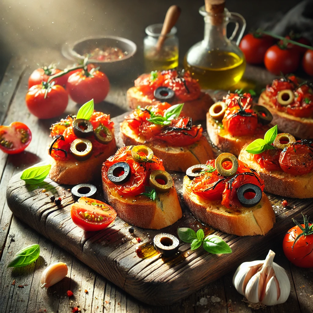 A rustic presentation of fire-roasted tomato and olive bruschetta, elegantly arranged on a wooden table. The bruschetta features crispy toasted baguette slices topped with fire-roasted tomatoes, a mix of black and green olives, garlic, and fresh basil. The toppings glisten with a drizzle of olive oil and balsamic glaze. Some bruschetta pieces are placed on a wooden cutting board, while others are scattered around with extra tomatoes, olives, and basil leaves. Soft natural lighting enhances the warm and inviting feel, with gentle shadows and a hint of rustic kitchen elements in the background.