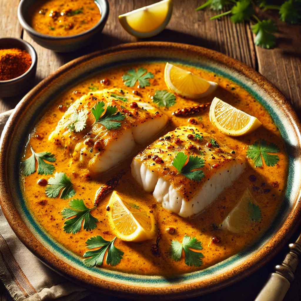 A beautifully plated dish of Fish Fillets in a Curry Sauce, featuring golden-baked white fish fillets topped with a rich, spiced curry sauce. The dish is garnished with fresh coriander and served on a rustic ceramic plate. The creamy sauce has a vibrant yellow hue from turmeric and chili powder. A side of lemon wedges and extra sauce accompany the dish on a wooden table. Soft, warm lighting enhances the inviting and flavorful presentation.