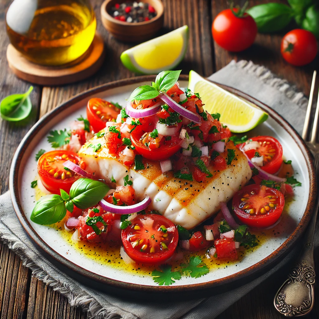 A beautifully plated dish of Fish Fillets with Fresh Tomato Salsa served on a rustic wooden table. The fish fillets are pan-seared to a golden perfection, topped with a vibrant tomato salsa made of diced tomatoes, red onions, cilantro, and lime juice. Garnished with fresh basil leaves and a drizzle of olive oil. Arranged on a white ceramic plate with a side of lemon wedges. The warm wooden table is more visible, providing a cozy and inviting setting.