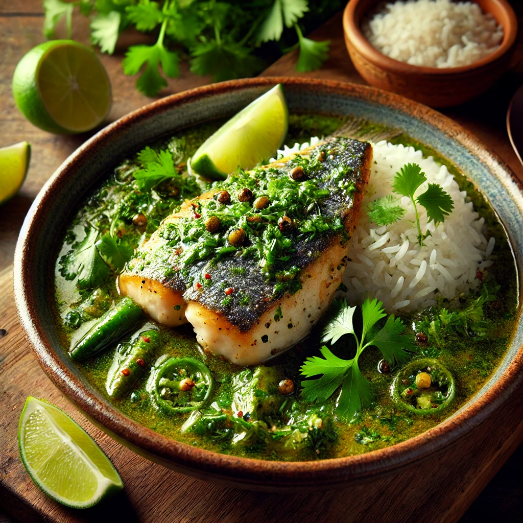 A beautifully plated Fish in a Green Sauce, featuring boneless, skinless fish fillets simmered in a vibrant, herbaceous green sauce made from fresh cilantro, parsley, and green chilies. The dish is served in a rustic ceramic bowl, garnished with additional fresh herbs. A side of steamed rice and lime wedges accompany the dish. The bowl rests on a wooden table, with soft, warm lighting enhancing the inviting and flavorful presentation.