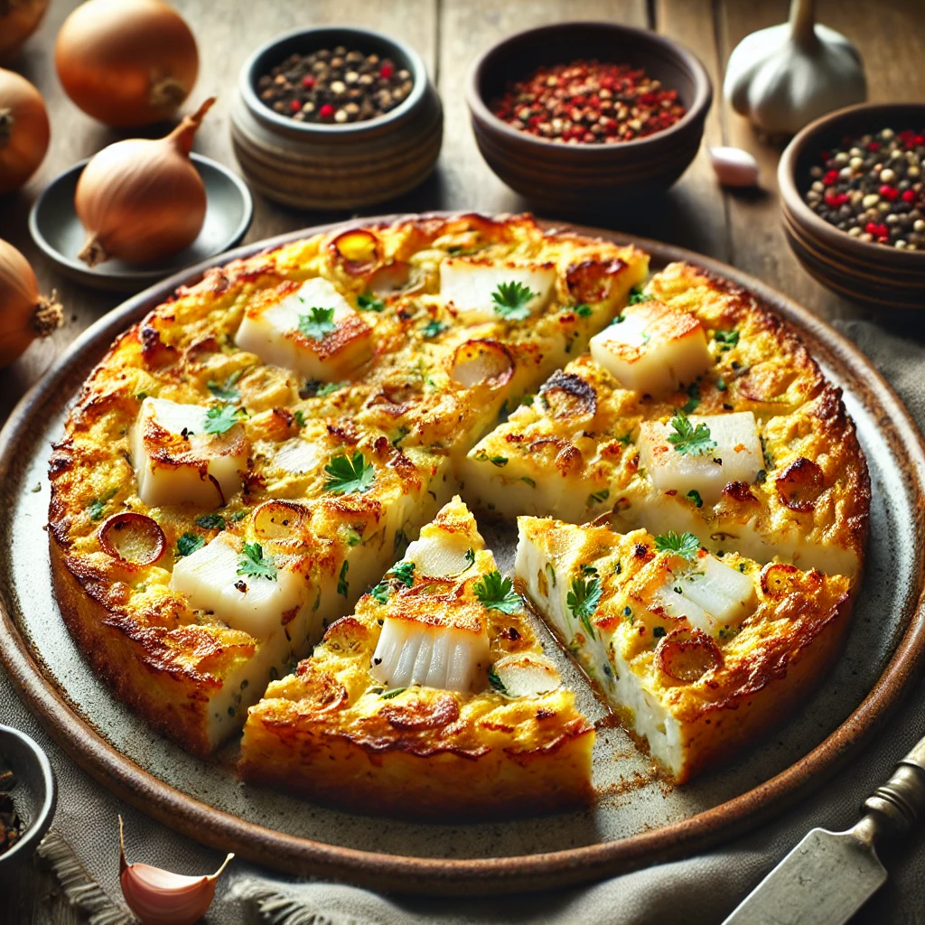 Golden, fluffy frittata slices with chunks of flaked cod and chopped shallots, garnished with fresh herbs, served on a rustic ceramic plate with a cozy wooden table setup and soft natural lighting highlighting the dish's inviting appearance.