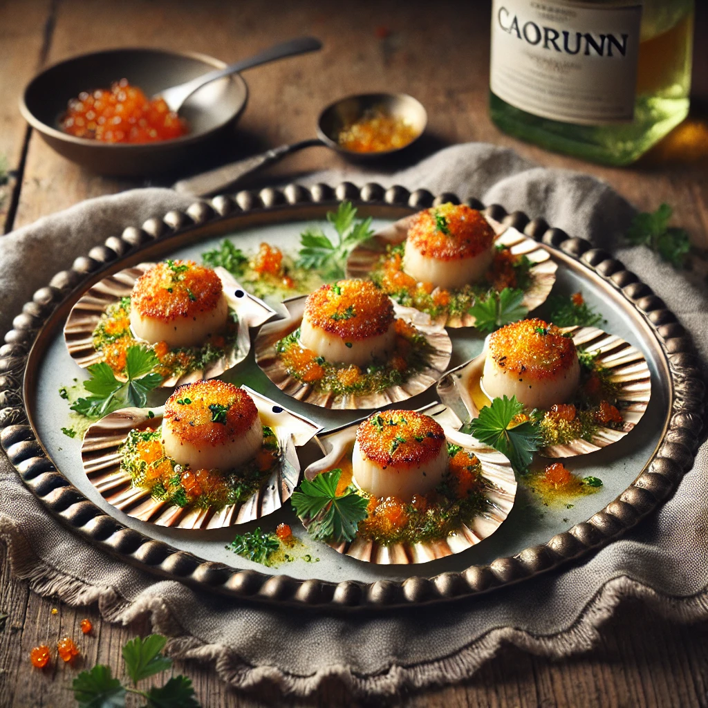 Scallops Caorunn elegantly arranged on an ANTA serving plate, with each scallop nestled on golden breadcrumbs mixed with parsley, alongside its roe. The dish glistens with butter and juices, styled on a rustic wooden table with a small ladle, a bottle of Caorunn gin, and a linen napkin, illuminated by soft natural lighting for an elegant seafood presentation.