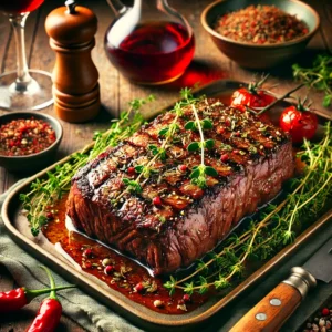 Perfectly cooked marinated flank steak with visible sear marks, garnished with thyme sprigs and red pepper flakes. The steak is served on a warm wooden table with small bowls of marinade ingredients, including red wine and apple cider vinegar, surrounded by fresh herbs and subtle lighting to enhance the natural textures and colors
