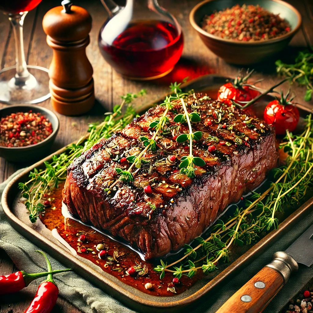 Perfectly cooked marinated flank steak with visible sear marks, garnished with thyme sprigs and red pepper flakes. The steak is served on a warm wooden table with small bowls of marinade ingredients, including red wine and apple cider vinegar, surrounded by fresh herbs and subtle lighting to enhance the natural textures and colors