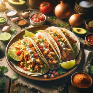 Warm flour tortillas filled with seasoned shredded chicken, fresh diced tomatoes, crisp lettuce, and shredded cheese, garnished with cilantro and a drizzle of creamy sauce.