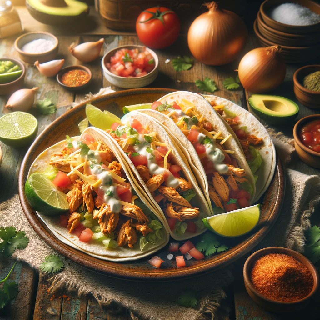 Warm flour tortillas filled with seasoned shredded chicken, fresh diced tomatoes, crisp lettuce, and shredded cheese, garnished with cilantro and a drizzle of creamy sauce.