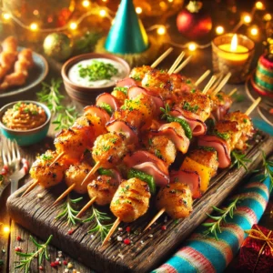 Golden pork and crispy bacon skewers garnished with fresh herbs, arranged on a rustic wooden serving board. A small bowl of creamy dipping sauce sits nearby, with vibrant party napkins and festive tableware enhancing the celebratory atmosphere. Warm lighting highlights the rich textures and inviting colors of the skewers.