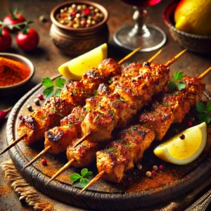 Juicy, golden-brown pork skewers seasoned with Spanish spices like paprika, cumin, and turmeric, served on a rustic wooden platter. Garnished with lemon wedges and fresh parsley, the skewers are presented in a Mediterranean-inspired setting with warm earthy tones and soft natural lighting, highlighting their smoky and flavorful appearance.